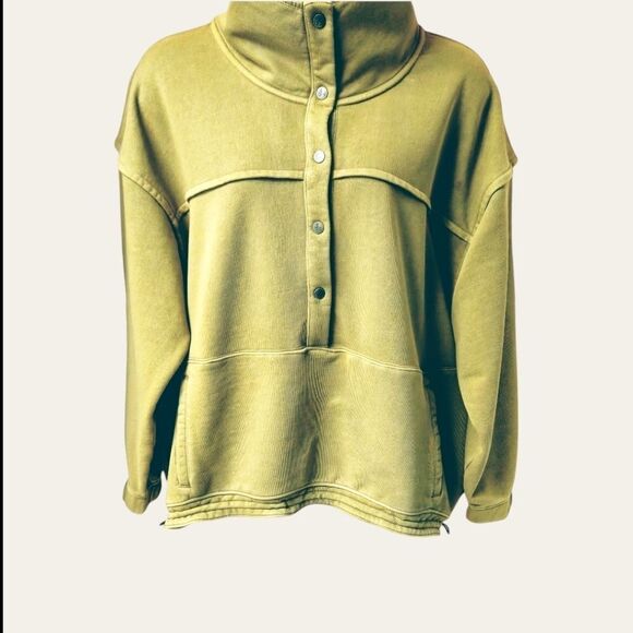 FREE PEOPLE Oversized STASH IT Olive Green Front Snap Sweatshirt Size Large - Picture 2 of 16